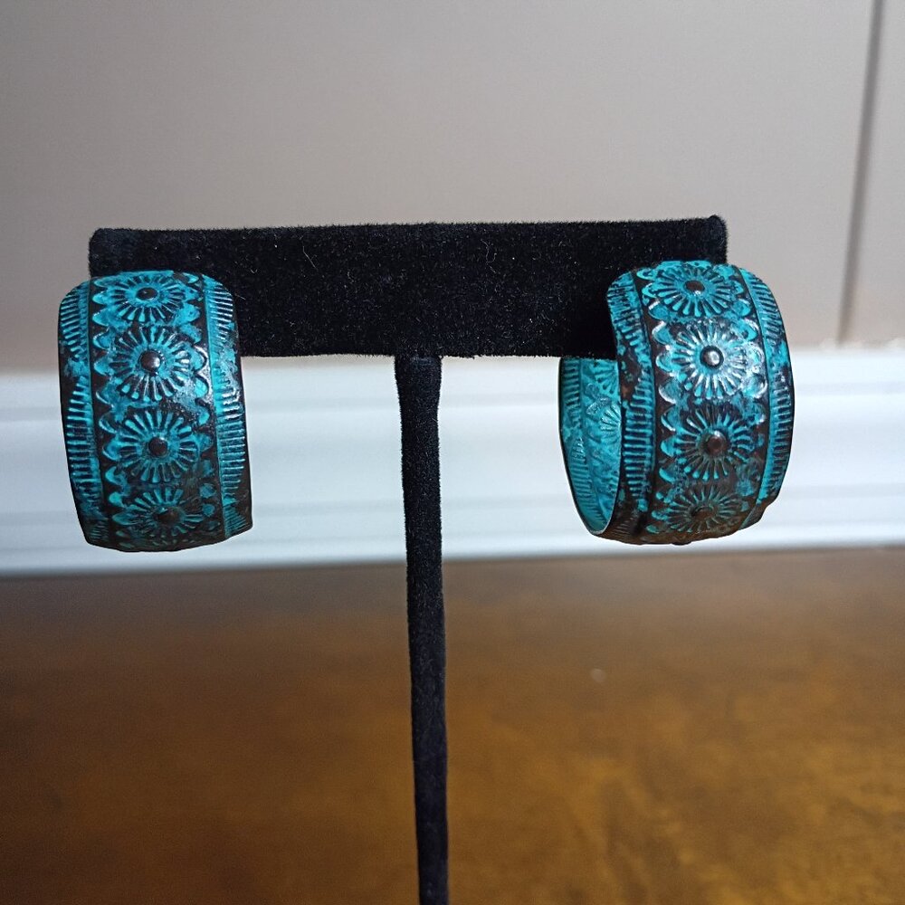 Western Turquoise Patina Hoop Earrings Southwestern Cowgirl‎ Boho